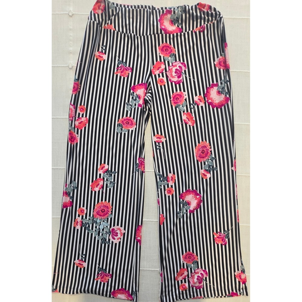 Robert Louis Floral Striped Wide Leg Pants XL Pink Black White Stretch Trouser